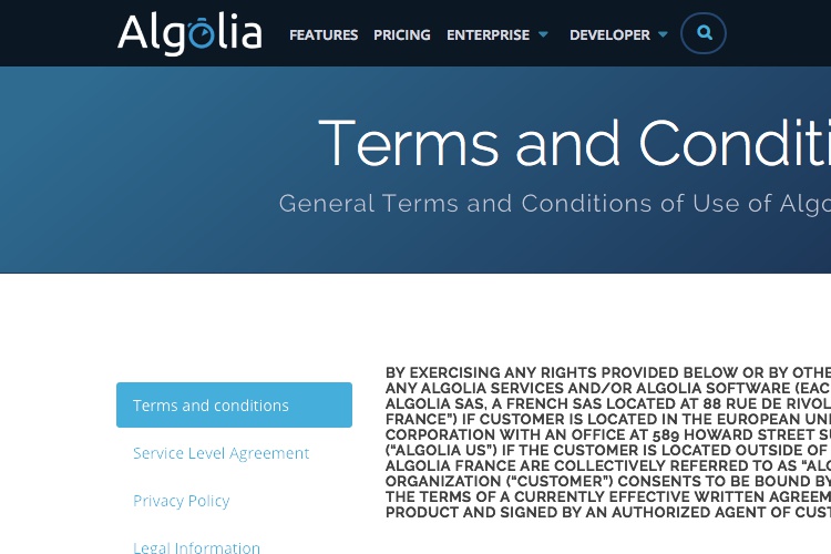 Screenshot of Algolia Terms and Conditions