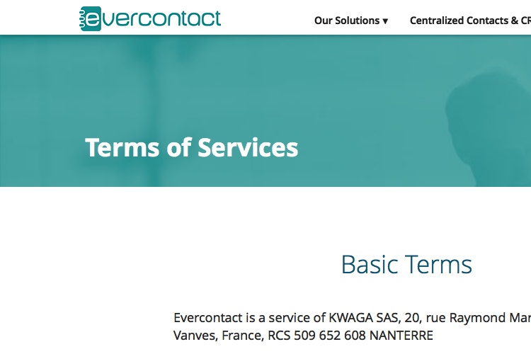 Screenshot of Evercontact terms of service