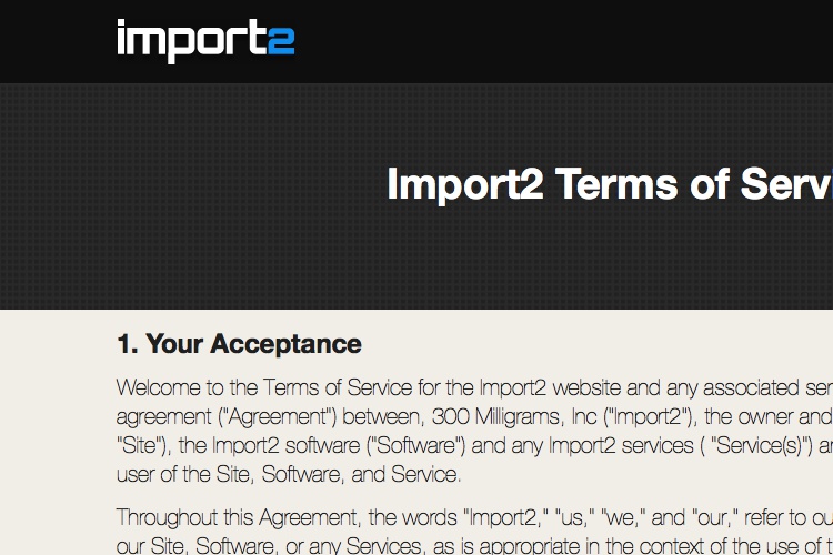 Screenshot of Import2 Terms of Service