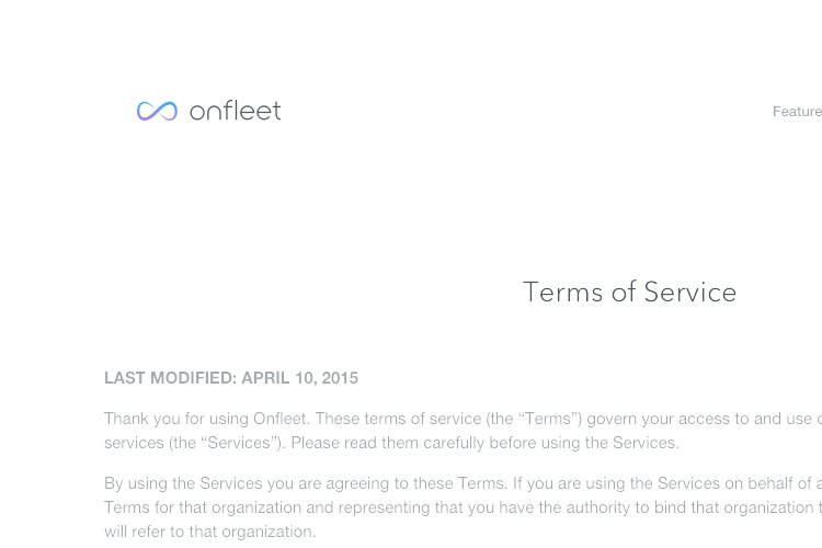 Screenshot of Onfleet Terms of Service