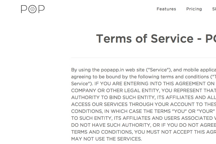 Screenshot of POPAPP Terms of Service