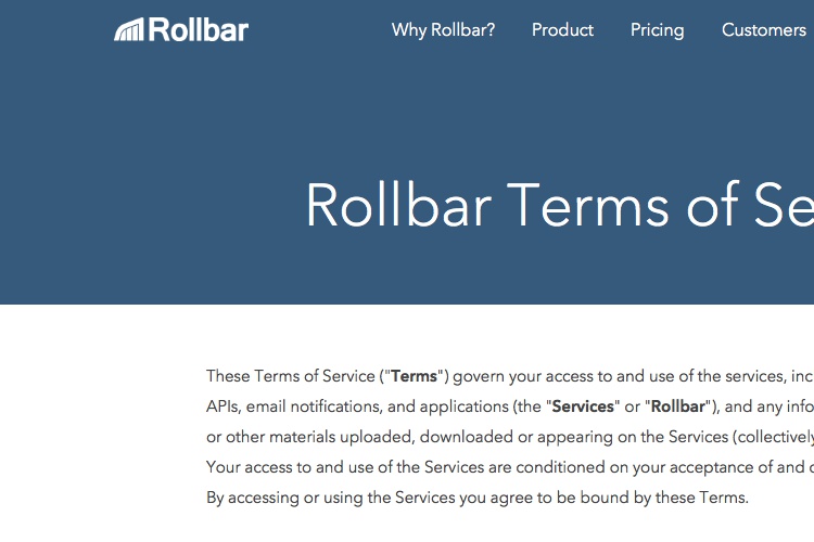 Screenshot of Rollbar Terms of Service