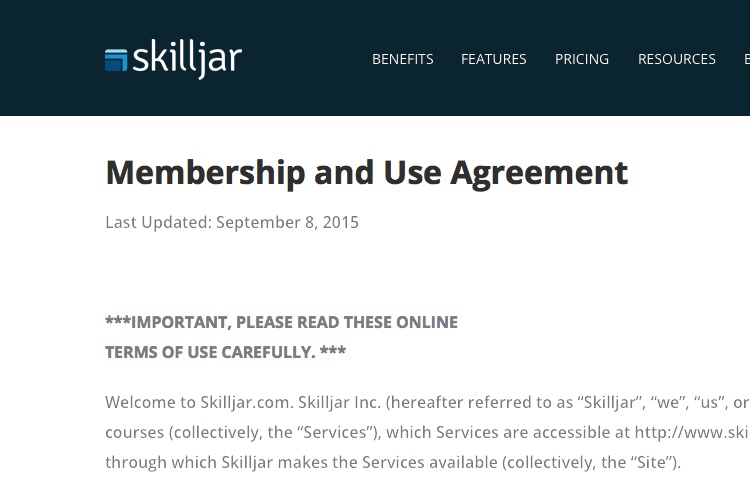 Screenshot of Skilljar Terms