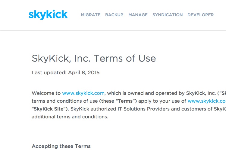 Screenshot of SkyKick Terms & Conditions