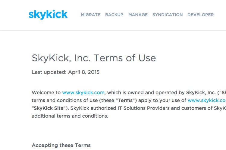 Screenshot of SkyKick Terms & Conditions