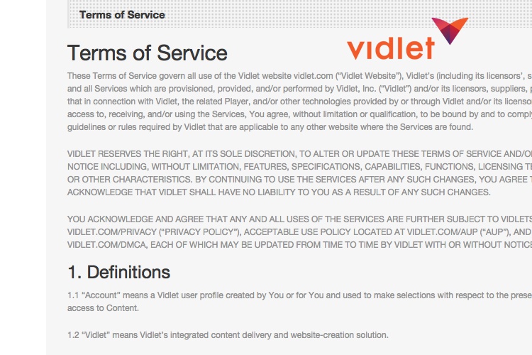 Screenshot of Vidcaster Terms of Service