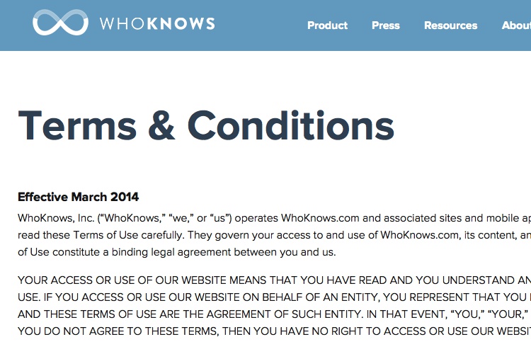 Screenshot of WhoKnows Terms & Conditions